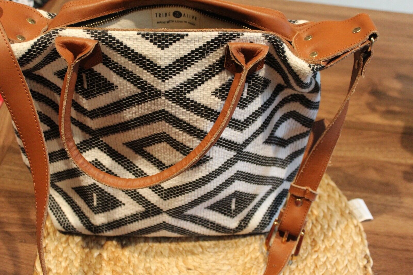 Tribe Alive Custom Carryall Purse Black/White/Camel Cotton Leather Cross... - $29.70