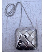 Vintage Metal Evening Bag Purse Silver Woven Effect Long Chain Handle Rh... - $34.25 CAD