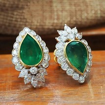1.00 Carat Pear Cut Green Emerald Women&#39;s Stud Earrings 14k Yellow Gold Finish - £75.13 GBP
