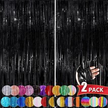 Black Metallic Tinsel Foil Fringe Curtains, 2 Pack 3.3X8.3 Feet Streamer Backdro - £10.38 GBP