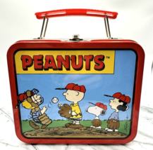 PEANUTS Snoopy Charlie Brown Baseball Metal Lunch Box Red Vintage Tin Mini - $29.69