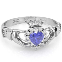 Claddagh Tanzanite Diamond Ring In Solid 14k White Gold - £558.74 GBP