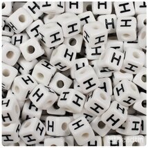 BeadTin White Opaque 10mm Cube Plastic Alphabet Beads- Black Letter H (2... - $2.09