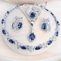 4Pcs Blue Sapphire Wedding Necklace Earrings Ring Bracelet Pendant Set |... - £52.74 GBP