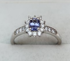 Tanzanite / Moissanite Sunburst Halo Ring in Platinum Over Sterling Silver Sz 10 - £51.79 GBP