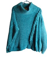 Ruby Rd. Sz 2x chenille like knit cowl neck Teal Sweater fringe accent - $275.28 MXN