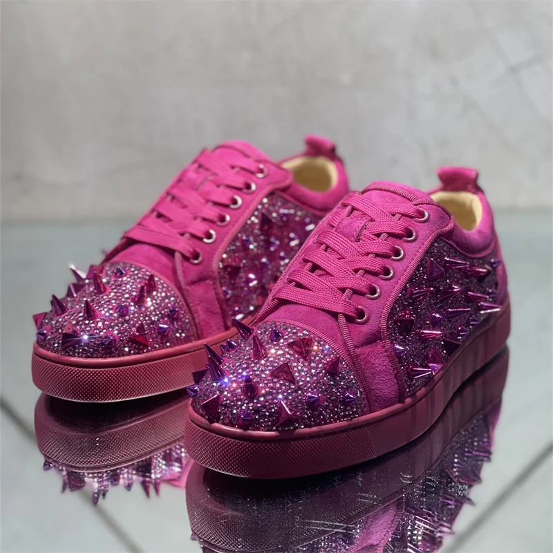 Luxury Designer Pink Crystal Leather Red Bottoms Low Tops Rivets Shoes F... - $191.80