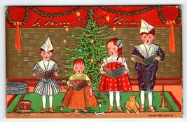 Christmas Postcard Children Singing Toys Xmas Tree 1908 P Sanders NY Embossed - £16.07 GBP