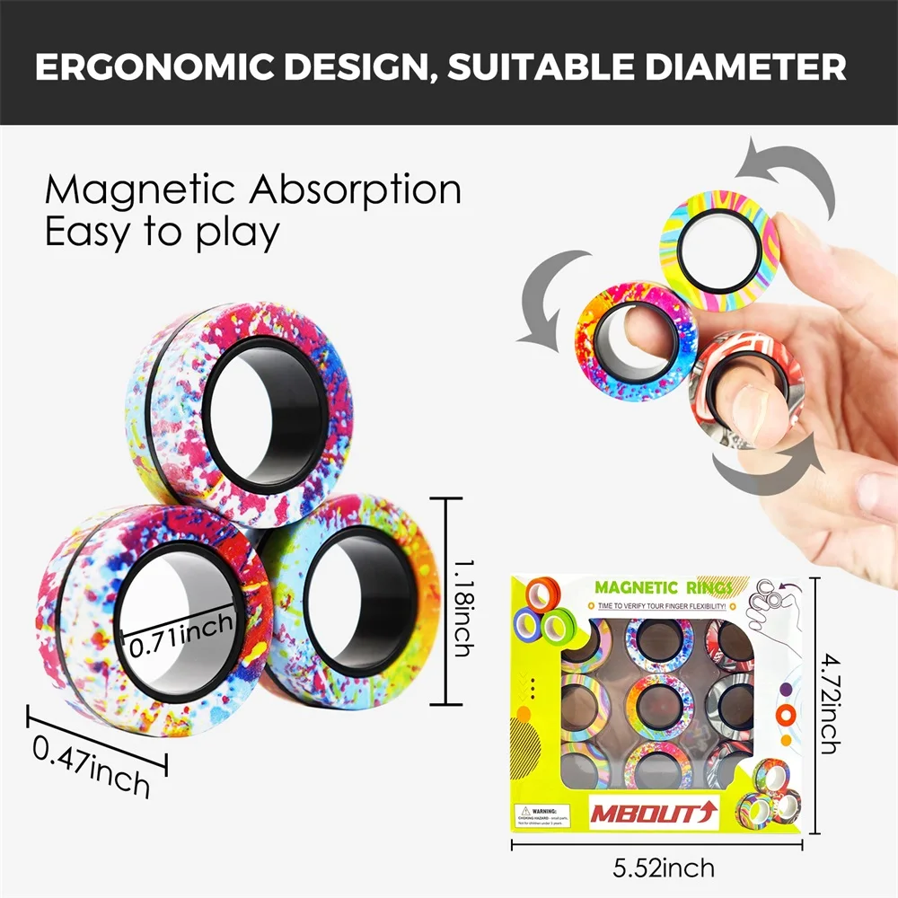 Play 9Pcs Magnetic Ring Fidget Spinner Play Set camo Fingers Magnet Rings ADHD S - £31.85 GBP
