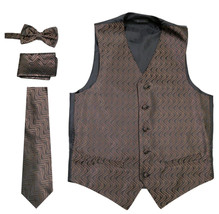 FERRECCI Men&#39;s Satin Black Brown Pattern Vest, Tie Hanky, Bowtie Set - 7XL - £15.81 GBP