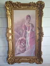 Vintage African Woman w/Lion In A 21.5&quot;X 37&quot; Gold Ornate Plastic Frame M... - $148.49