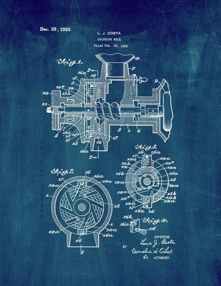 Coffee Grinding Mill Patent Print - Midnight Blue