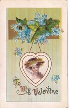 Valentine  Series Blue Flowers Woman with Hat Heart Pendant 1911 Postcard E25 - £7.93 GBP