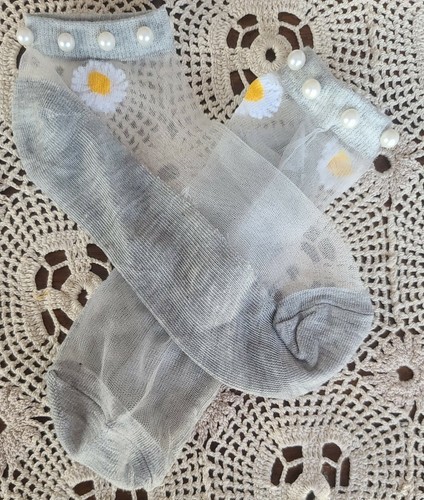 Handcrafted ~ Gray ~ Embellished w/Pearls ~ Embroidered Daisy ~ Ankle Socks Item image 2