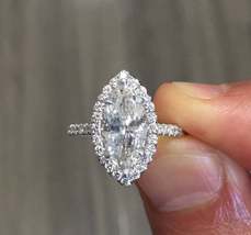 1.6 Ct Marquise Cut Full White Simulated Diamond / Halo Prong Fancy Silver Ring - £101.51 GBP