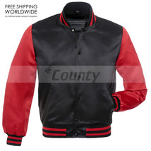 Baseball letterman college uni bomber jacket sports wear black satin red - £53.19 GBP