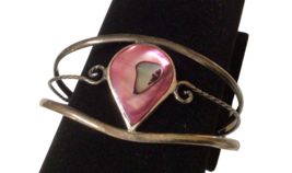 Vintage Alpaca Silver Abalone Inlay Pink Teardrop Cuff Shell Bracelet 917A - $19.30