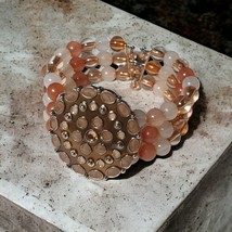 Women Cuff Bracelet Beaded Memory Wire Enameled Rhinestone Coral Peach Adjust - £14.70 GBP