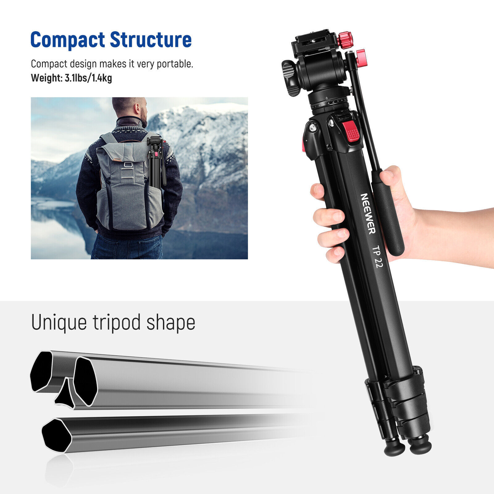 NEEWER 63'' Portable Aluminum Video Travel Tripod with Pan Tilt Fluid Head