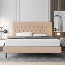 Queen size Beige Linen Platform Bed Frame with Button Tufted Headboard - $9,151.02 MXN