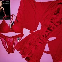 Victoria&#39;s Secret 34B Bra Set+S,M Cutout panty+M/L Robe Red Lace Chain Heavenly - £118.69 GBP