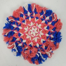 Vintage Hand Crafted Loom Pot Holder Pink &amp; Blue 8 Inch Round - $13.10