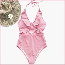 Ruffled Neck Halter Backless Padded Bra High Cut Pink Color Monokini Swimsuit - £29.05 GBP