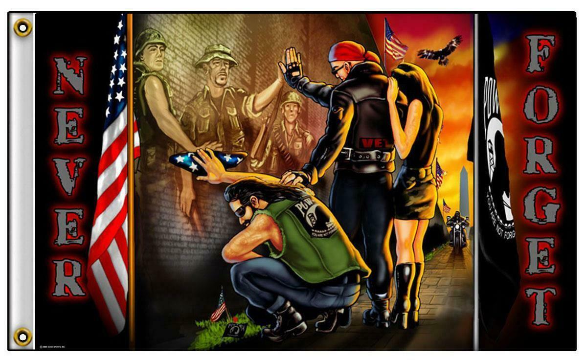 DELUXE DUEL MILITARY BIKER POWMIA WALL HANGING #385 BIKER 3x5 flags  NEW... - $12.30