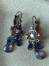 Ornate Coppertone w Blue Iridescent Rhinestones &amp; Teardrop Bead Dangle Earrings - £10.52 GBP
