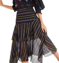 Farm Rio Womens Boho Multicolor Lurex Striped Tiered Cotton Midi Skirt S... - $128.87