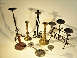 Estate Lot Of 7 Vintage Candleholders In Wrought Iron And Brass - £16.16 GBP