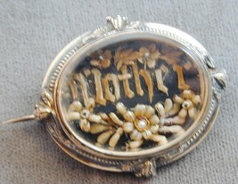 Victorian 14k Hair &amp; Seed Pearl MOTHER Under Glass Mourning Pin - $786.93 CAD
