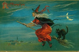 Vintage Halloween Witch Riding A Broom Black Cat Tuck 4X6 Postcard Reprint - £6.77 GBP
