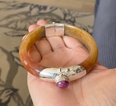7.6 &quot; 925 Silver Genuine Honey Brown Burmese Jade Women Handmade Bangle ... - $58.41