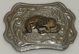 Vintage Silver Tone Western Embossed Brass Look Trim Horse Belt Buckle - £11.14 GBP