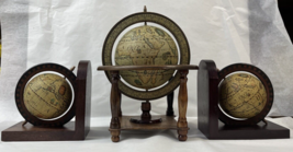 3 Pc Set Vtg Pair Old World Map Globes Wood Bookends Spinning Rotating Globes - £19.25 GBP