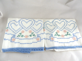 Vintag Pair Pillowcases Hand Embroidered Hearts Flowers Crochet Edge white blue - £18.03 GBP