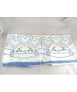 Vintag Pair Pillowcases Hand Embroidered Hearts Flowers Crochet Edge whi... - $31.19 CAD