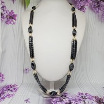 Vintage Hematite Rice Pearl Beaded Station Necklace Gray White Necklace - £17.74 GBP