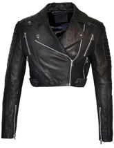 Ladies Cropped Leather Jacket Black Designer Biker Real Leather Jacket - £129.79 GBP