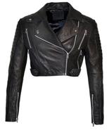 Ladies Cropped Leather Jacket Black Designer Biker Real Leather Jacket - £131.50 GBP
