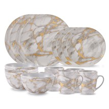 Dinnerware Set 16 Piece Coupe Porcelain Gold Marble Look Service for 4 - $1,294.54 MXN