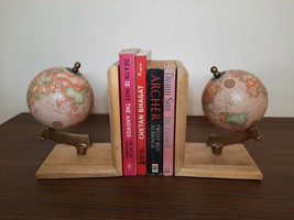 Wooden Book Holder Antique Brass Finish Bookends Office Home Deco Globes Set - £65.99 GBP