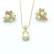 FAUX PEARL pendant necklace &amp; earring set - gold-tone rhinestone demi-parure - £19.66 GBP