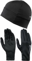 Women&#39;s Nike Dri-fit Running Beanie &amp; Gloves Set, NRC36082 Black/Silver ... - £27.87 GBP