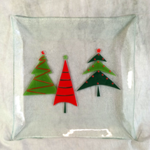 TAG Christmas Tray with Fused Glass Trees 12&quot; Square   Mint - £12.61 GBP