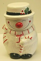 Snowman Earthenware Cookie Jar Candy Cane Top Hat Christmas Holiday Xmas... - $59.39