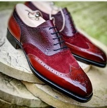 Men&#39;s Handmade Three Tone Wing Tip Brogue Suede &amp; Leather Formal Shoes F... - $125.00