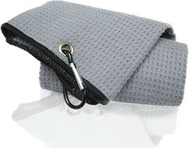 Gray Golf Towel for Golf Bag 16 x 24 Inch Micorfiber Waffle Pattern W Clip NEW - £11.66 GBP