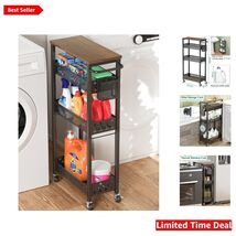 Durable Carbon Steel Slim Storage Cart with Wooden Rack - Practical Orga... - $81.13